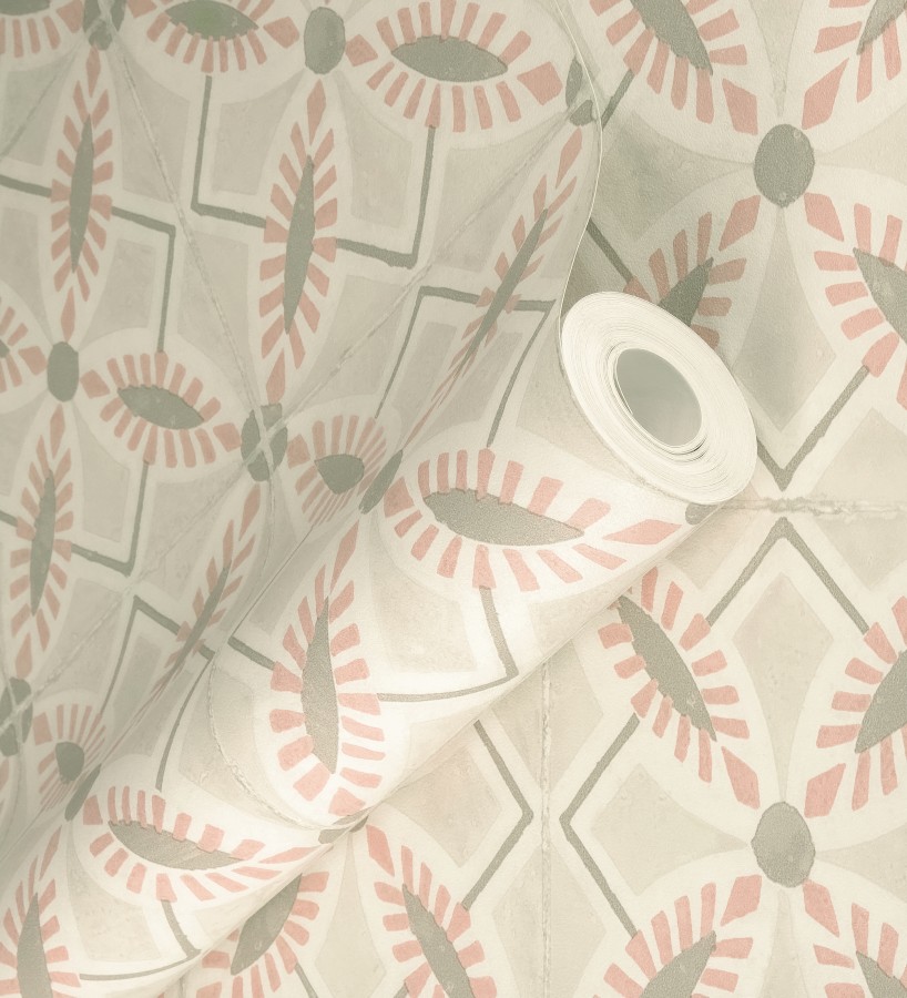 Papel pintado de azulejos hidráulicos color rosa y beige  Lisbon Tile 685084