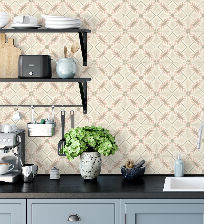 Papel pintado de azulejos hidráulicos color rosa y beige  Lisbon Tile 685084