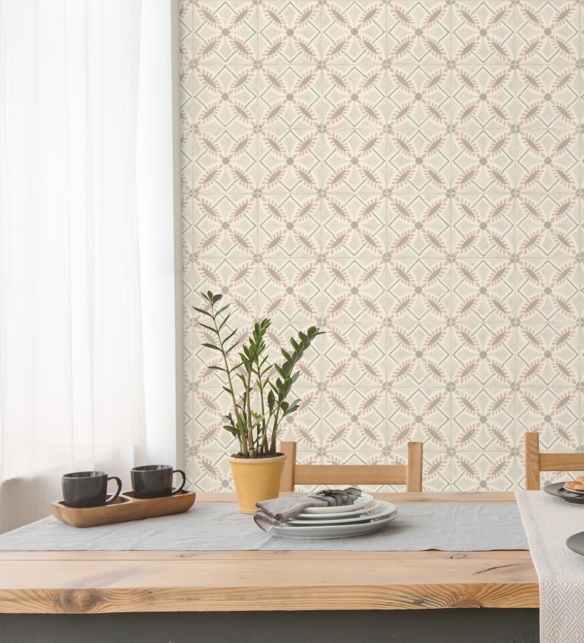 Papel pintado de azulejos hidráulicos color rosa y beige  Lisbon Tile 685084