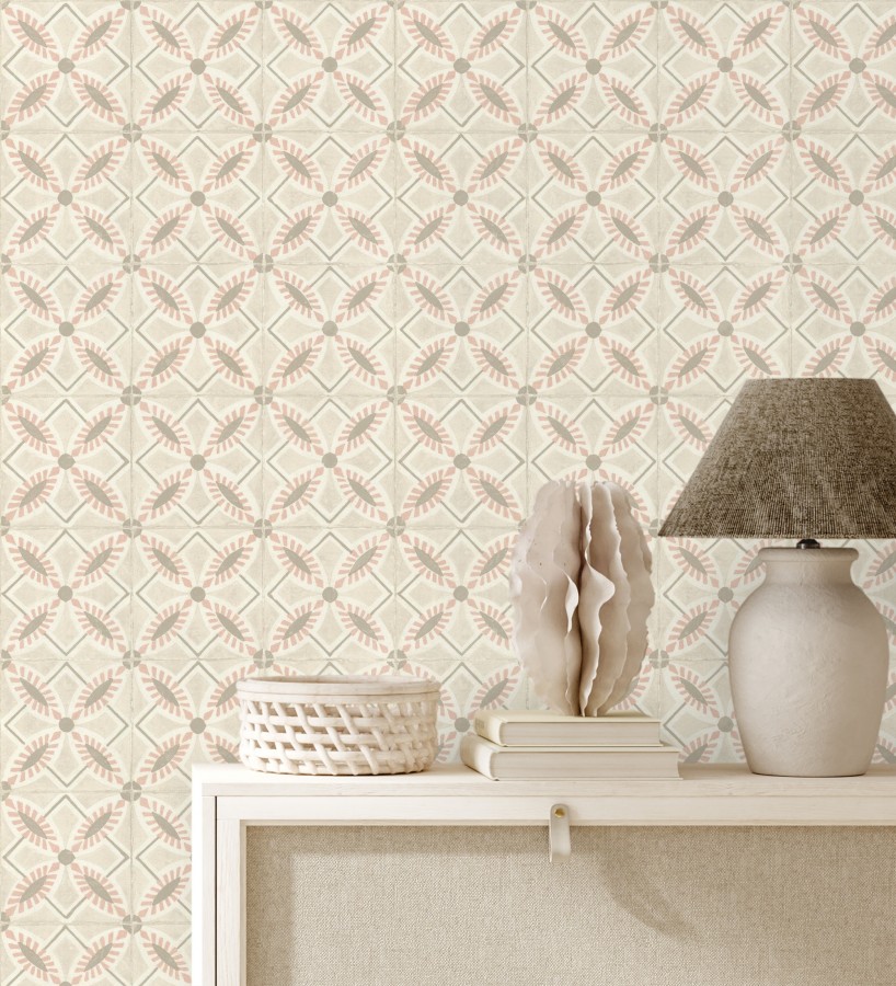 Papel pintado de azulejos hidráulicos color rosa y beige  Lisbon Tile 685084