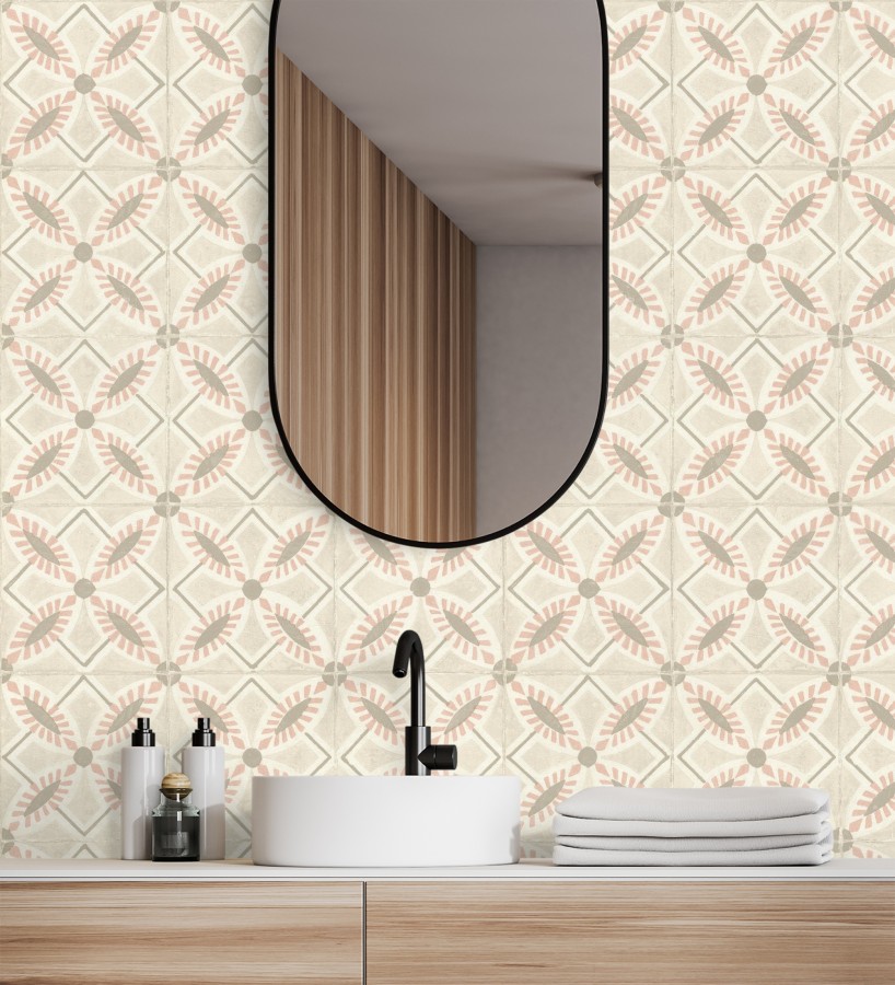 Papel pintado de azulejos hidráulicos color rosa y beige  Lisbon Tile 685084