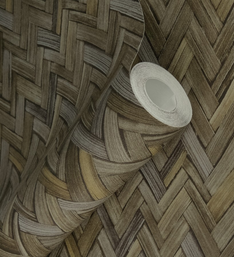 Papel pintado ratán diseño espiga tono sepia profundo  Bangkok Rattan 685086