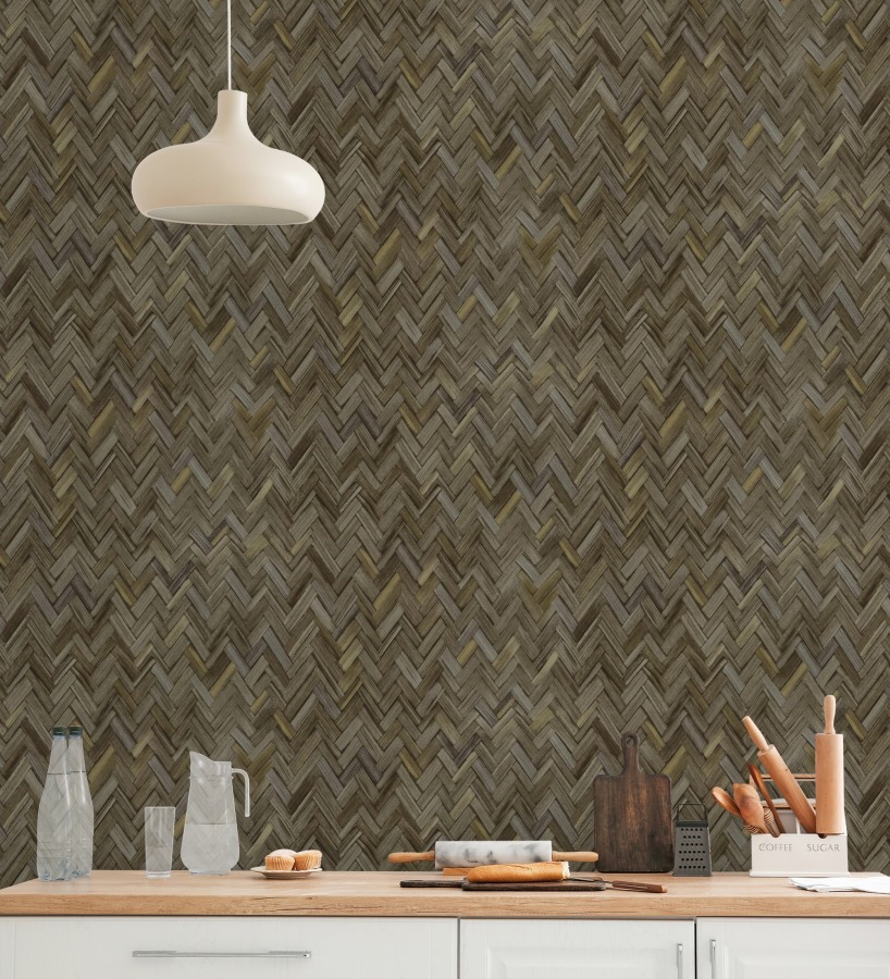 Papel pintado ratán diseño espiga tono sepia profundo  Bangkok Rattan 685086