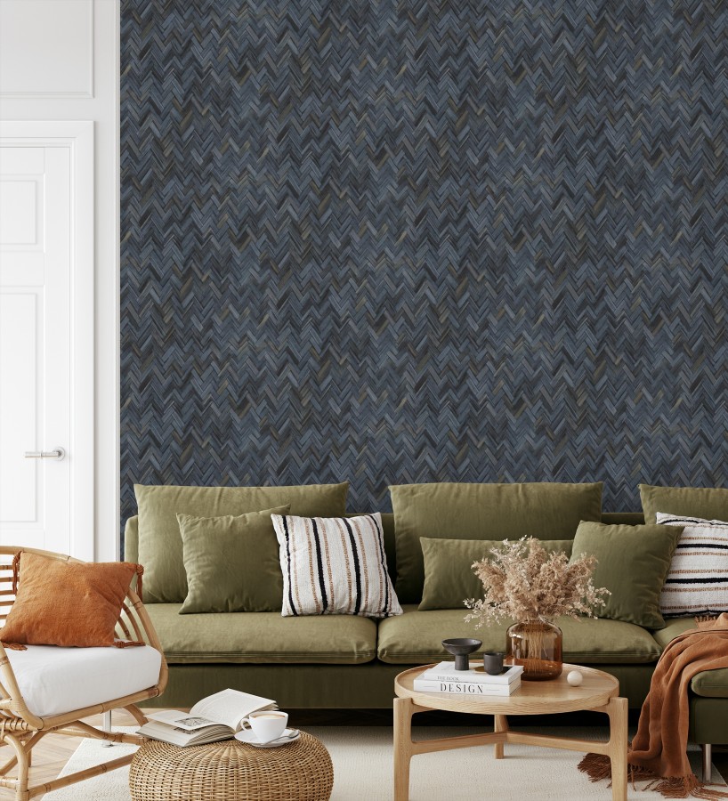 Papel pintado ratán diseño espiga tono azul oscuro  Bangkok Rattan 685089