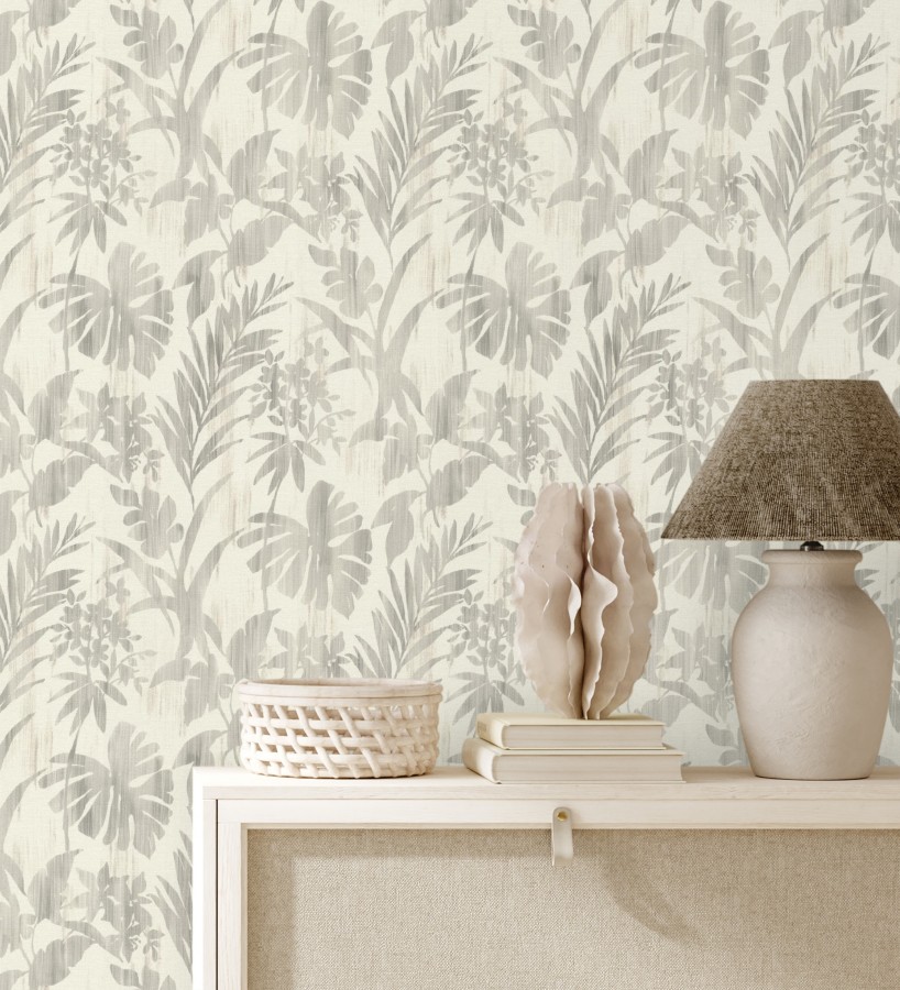 Papel pintado siluetas hojas grises efecto textil desgastado  Loire Delice 685090