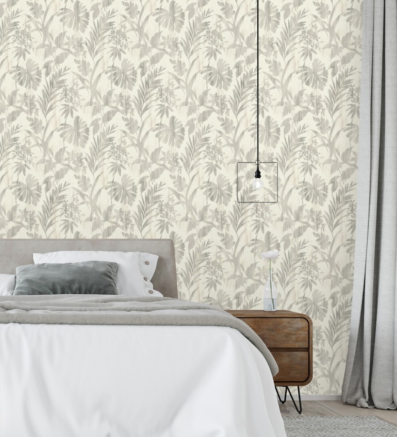 Papel pintado siluetas hojas grises efecto textil desgastado  Loire Delice 685090