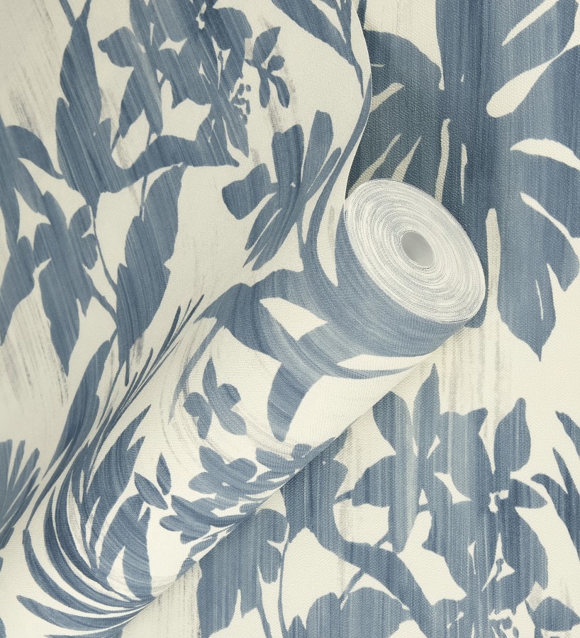 Papel pintado siluetas hojas azul efecto textil desgastado  Loire Delice 685091