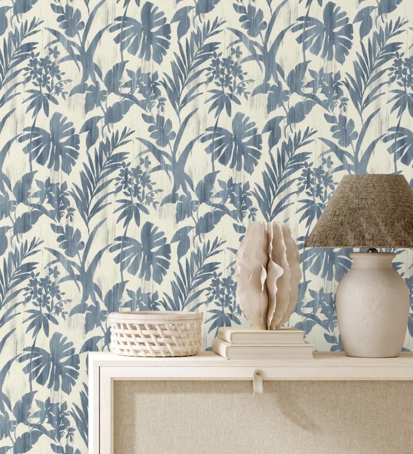 Papel pintado siluetas hojas azul efecto textil desgastado  Loire Delice 685091