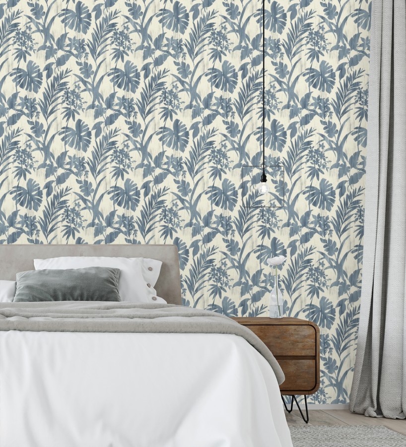Papel pintado siluetas hojas azul efecto textil desgastado  Loire Delice 685091