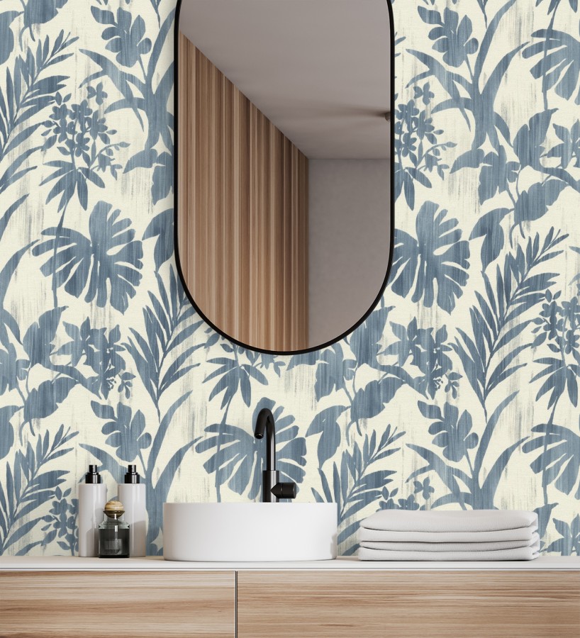 Papel pintado siluetas hojas azul efecto textil desgastado  Loire Delice 685091