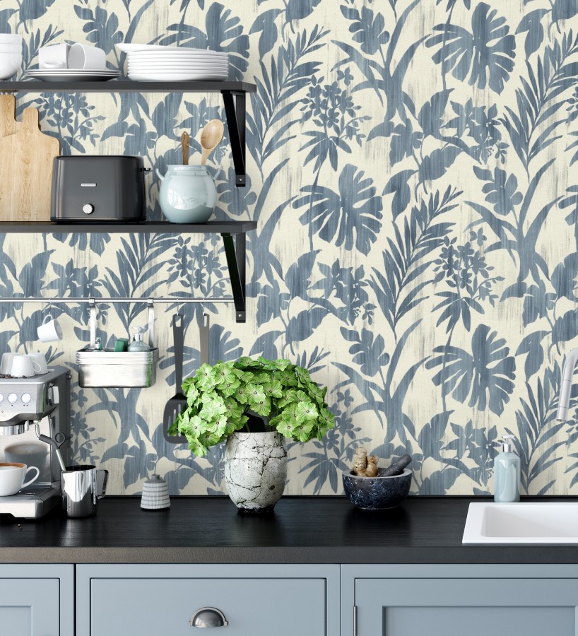 Papel pintado siluetas hojas azul efecto textil desgastado  Loire Delice 685091
