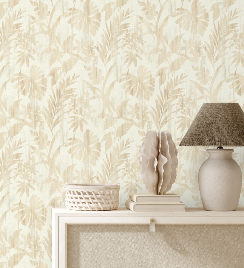 Papel pintado siluetas hojas ocre efecto textil desgastado  Loire Delice 685092