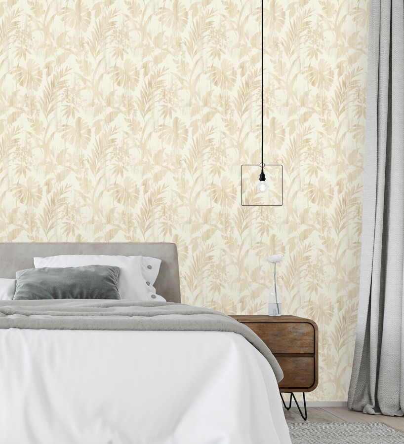 Papel pintado siluetas hojas ocre efecto textil desgastado  Loire Delice 685092