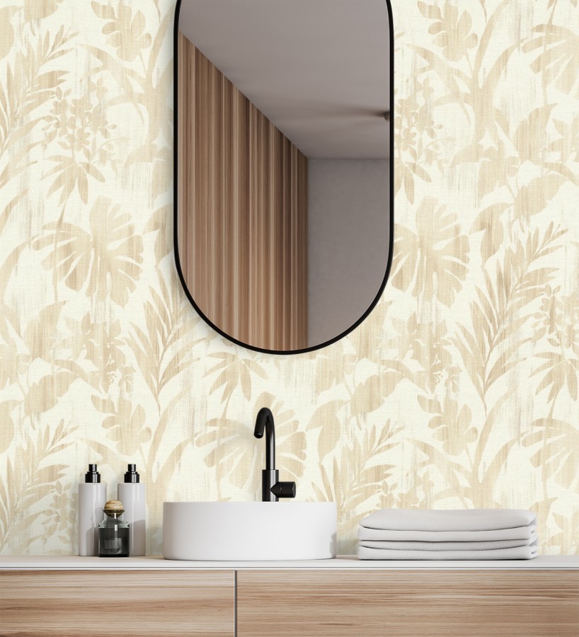 Papel pintado siluetas hojas ocre efecto textil desgastado  Loire Delice 685092