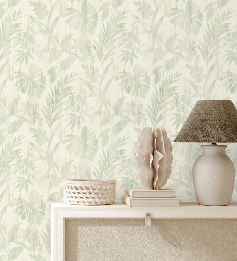 Papel pintado siluetas hojas verde efecto textil desgastado  Loire Delice 685093