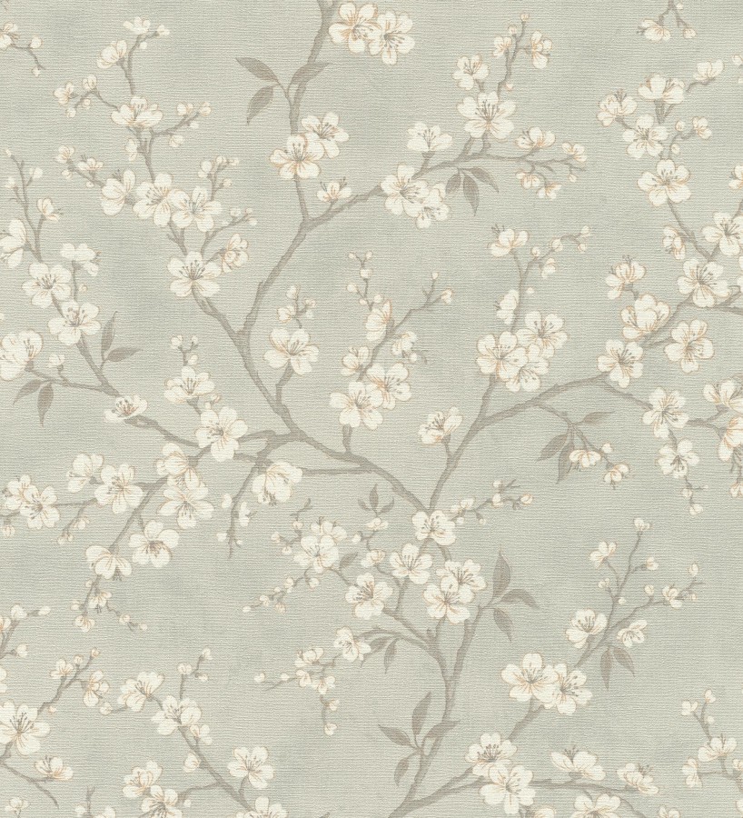 Papel pintado flores de cerezo fondo gris liquen textura textil estilo japandi  Loire Flowery 685100
