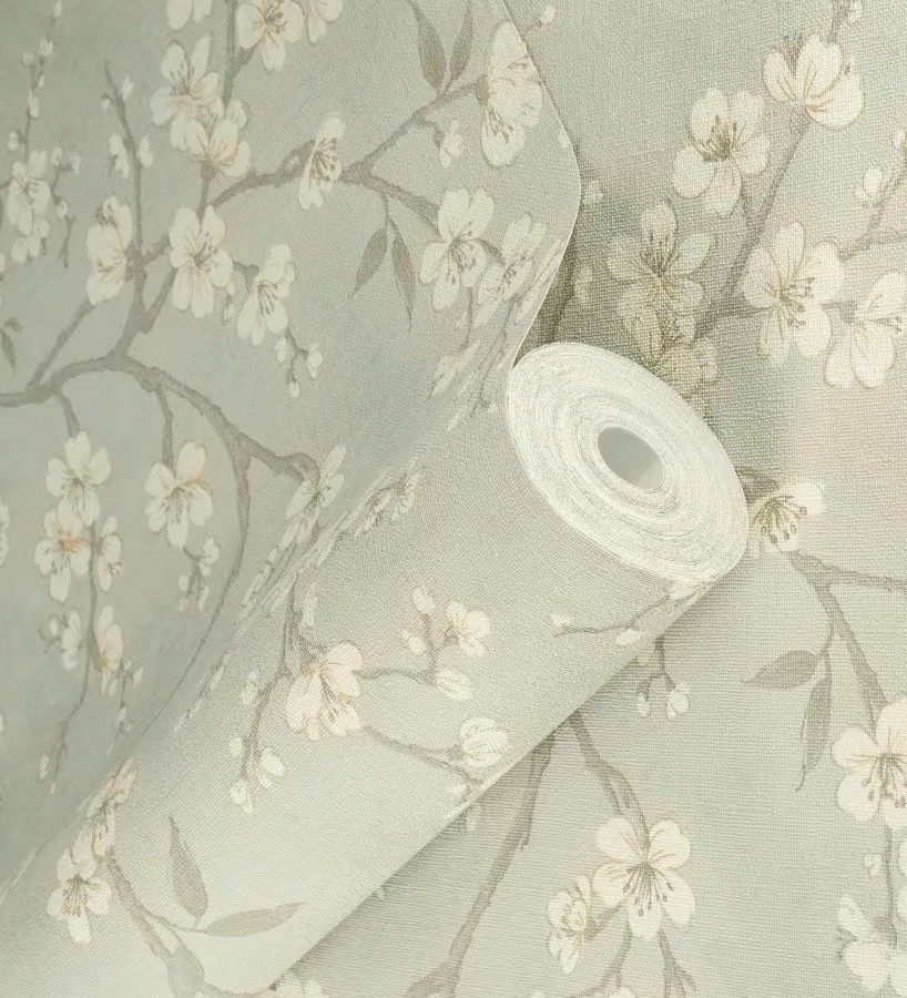 Papel pintado flores de cerezo fondo gris liquen textura textil estilo japandi  Loire Flowery 685100