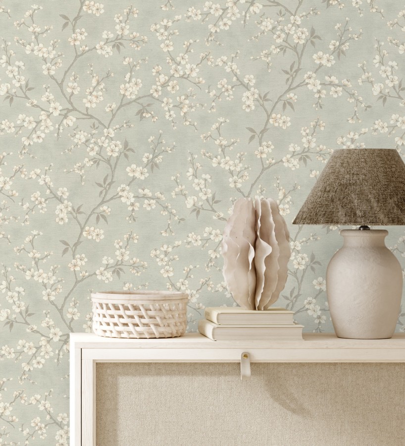 Papel pintado flores de cerezo fondo gris liquen textura textil estilo japandi  Loire Flowery 685100