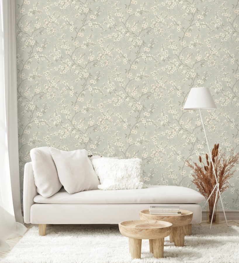 Papel pintado flores de cerezo fondo gris liquen textura textil estilo japandi  Loire Flowery 685100