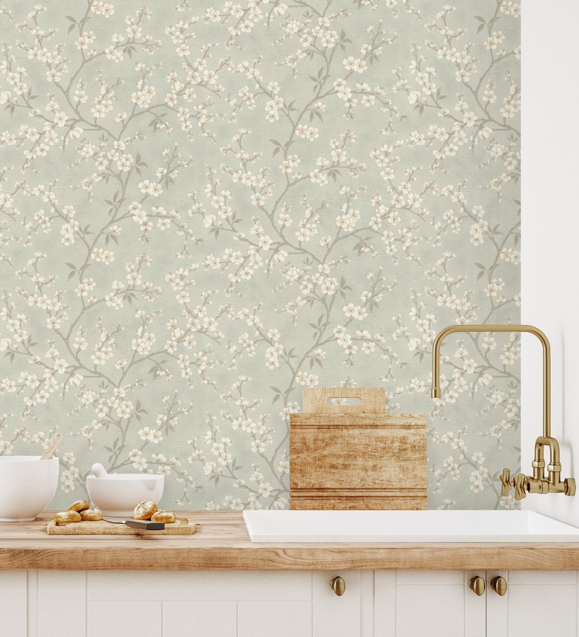 Papel pintado flores de cerezo fondo gris liquen textura textil estilo japandi  Loire Flowery 685100