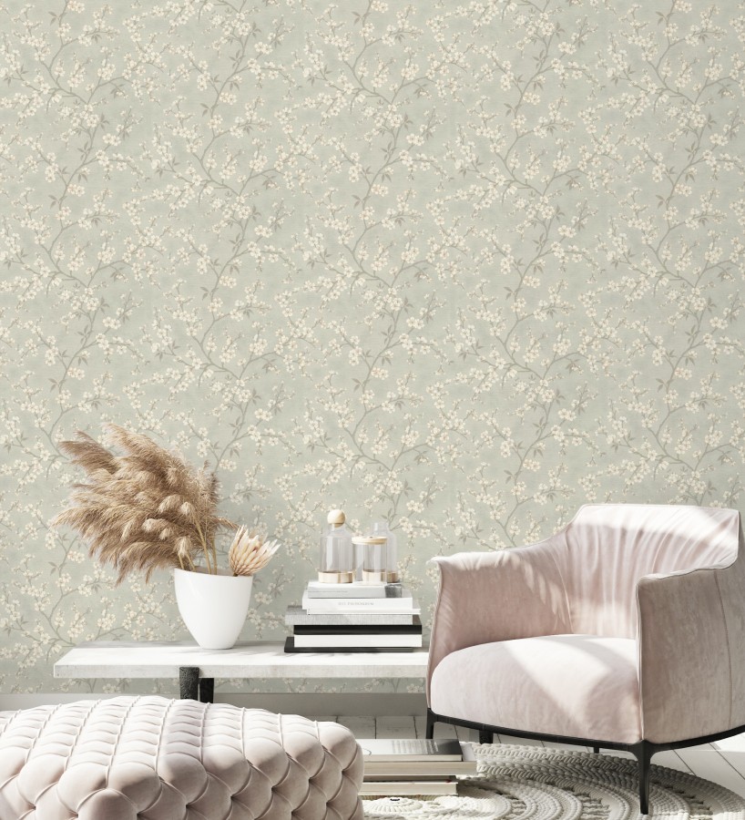 Papel pintado flores de cerezo fondo gris liquen textura textil estilo japandi  Loire Flowery 685100