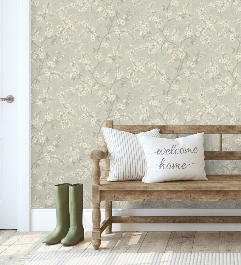 Papel pintado flores de cerezo fondo gris liquen textura textil estilo japandi  Loire Flowery 685100