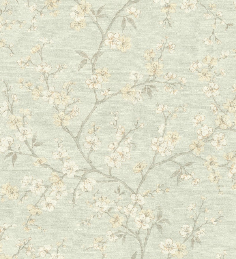 Papel pintado flores de cerezo fondo verde caledón textura textil estilo japandi  Loire Flowery 685101