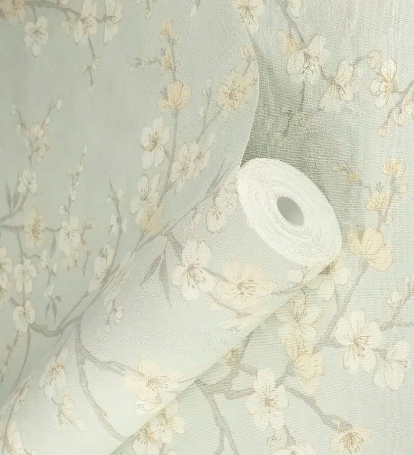 Papel pintado flores de cerezo fondo verde caledón textura textil estilo japandi  Loire Flowery 685101