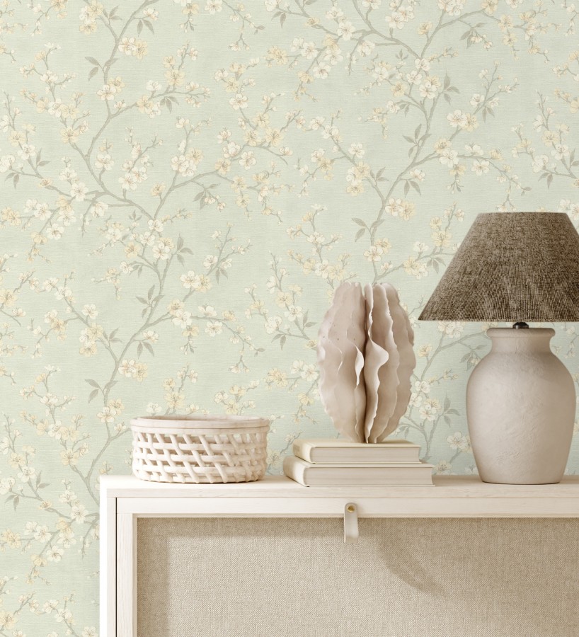 Papel pintado flores de cerezo fondo verde caledón textura textil estilo japandi  Loire Flowery 685101