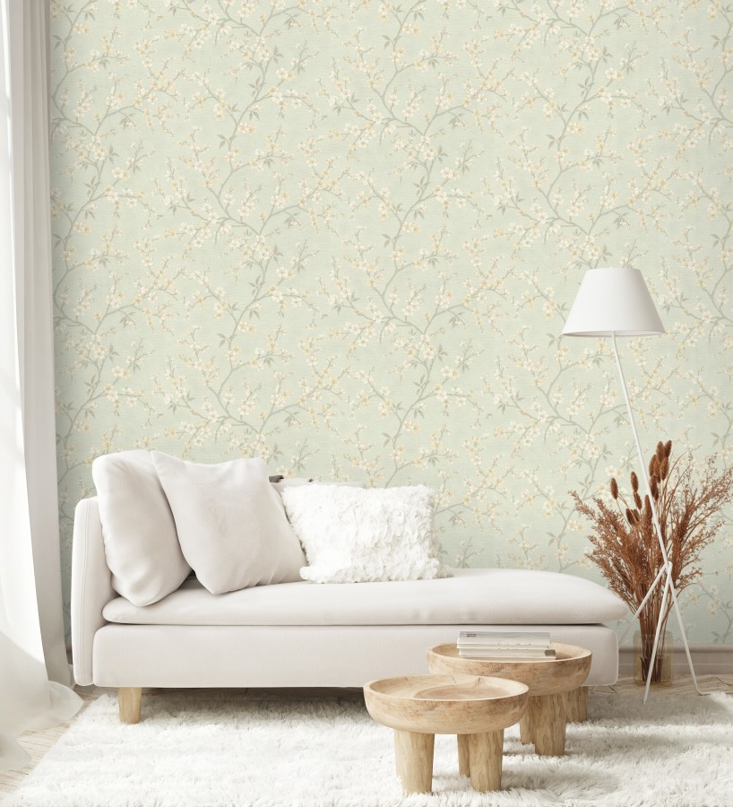 Papel pintado flores de cerezo fondo verde caledón textura textil estilo japandi  Loire Flowery 685101