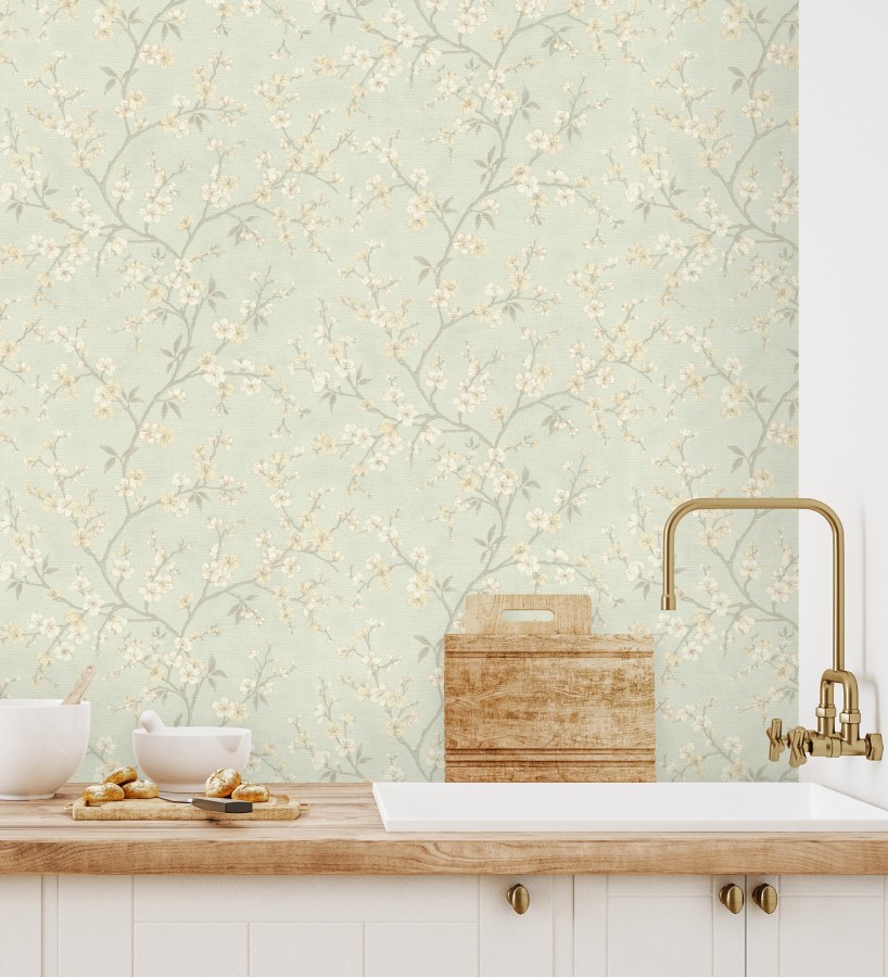 Papel pintado flores de cerezo fondo verde caledón textura textil estilo japandi  Loire Flowery 685101