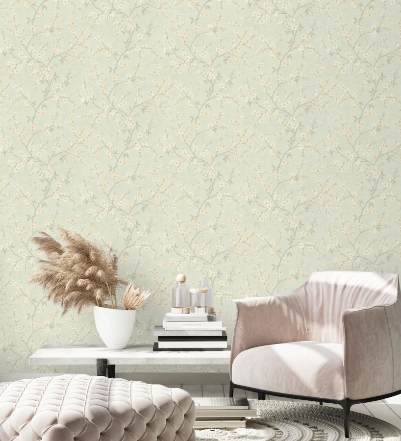 Papel pintado flores de cerezo fondo verde caledón textura textil estilo japandi  Loire Flowery 685101