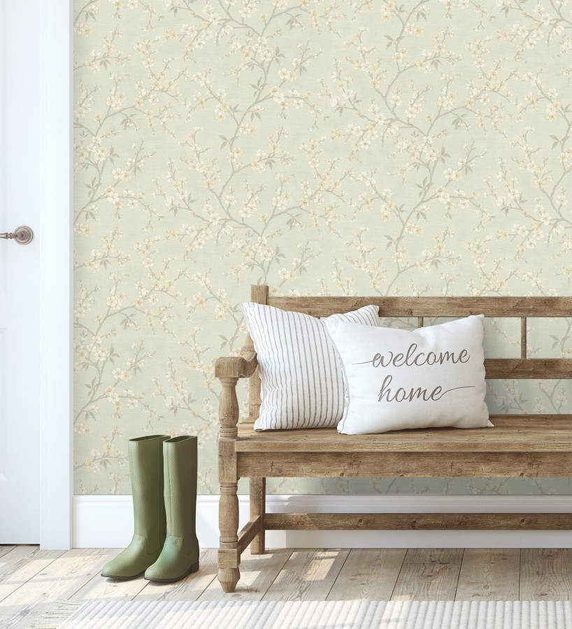 Papel pintado flores de cerezo fondo verde caledón textura textil estilo japandi  Loire Flowery 685101