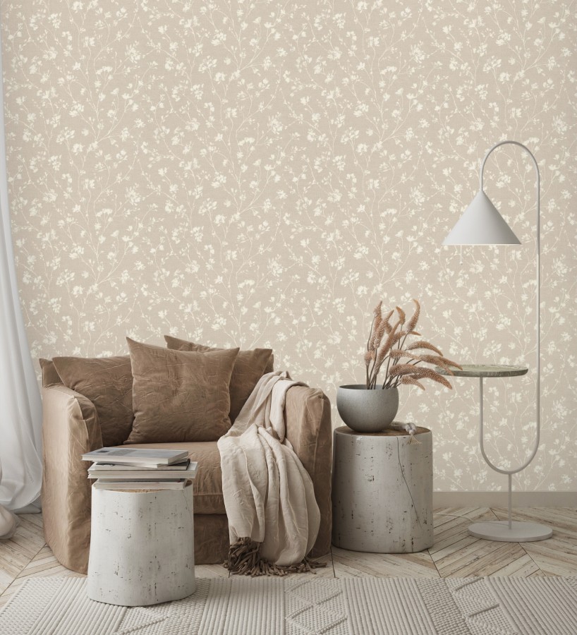 Papel pintado ramas silvestres tono blanco roto fondo beige  Isadora Ethereal 685102