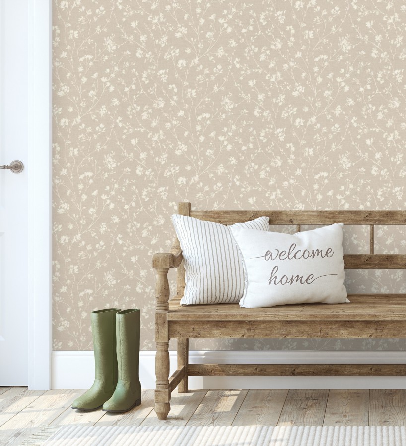 Papel pintado ramas silvestres tono blanco roto fondo beige  Isadora Ethereal 685102