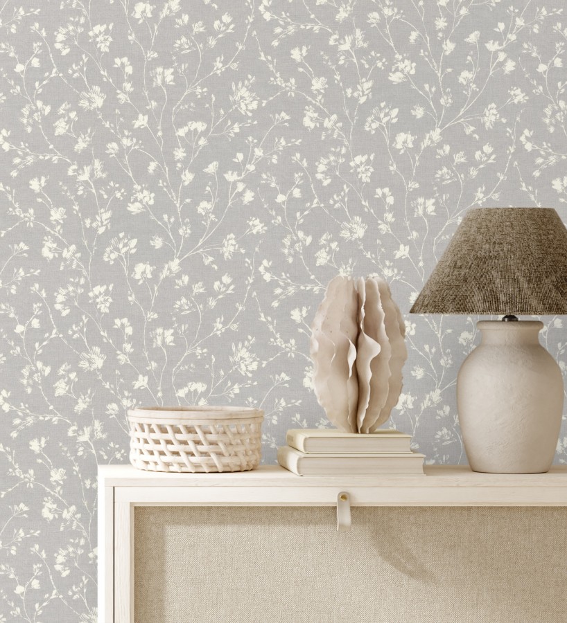 Papel pintado ramas silvestres tono blanco roto fondo gris  Isadora Ethereal 685103
