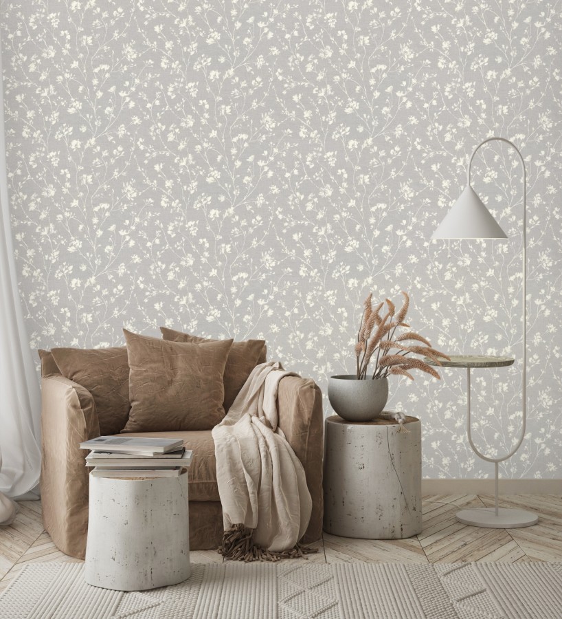 Papel pintado ramas silvestres tono blanco roto fondo gris  Isadora Ethereal 685103