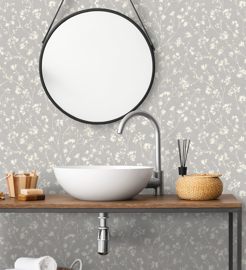 Papel pintado ramas silvestres tono blanco roto fondo gris  Isadora Ethereal 685103