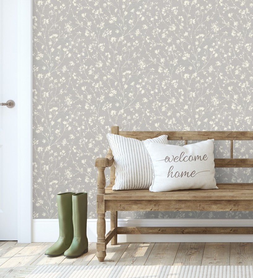 Papel pintado ramas silvestres tono blanco roto fondo gris  Isadora Ethereal 685103