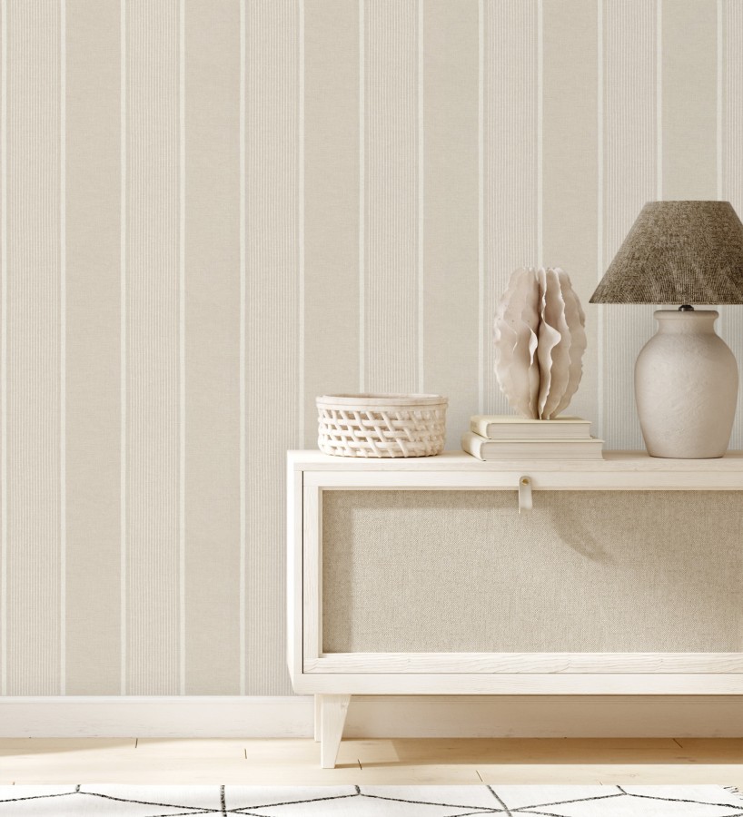 Papel pintado rayas lino beige y blanco natural estilo náutico  Lysander Trace 685104