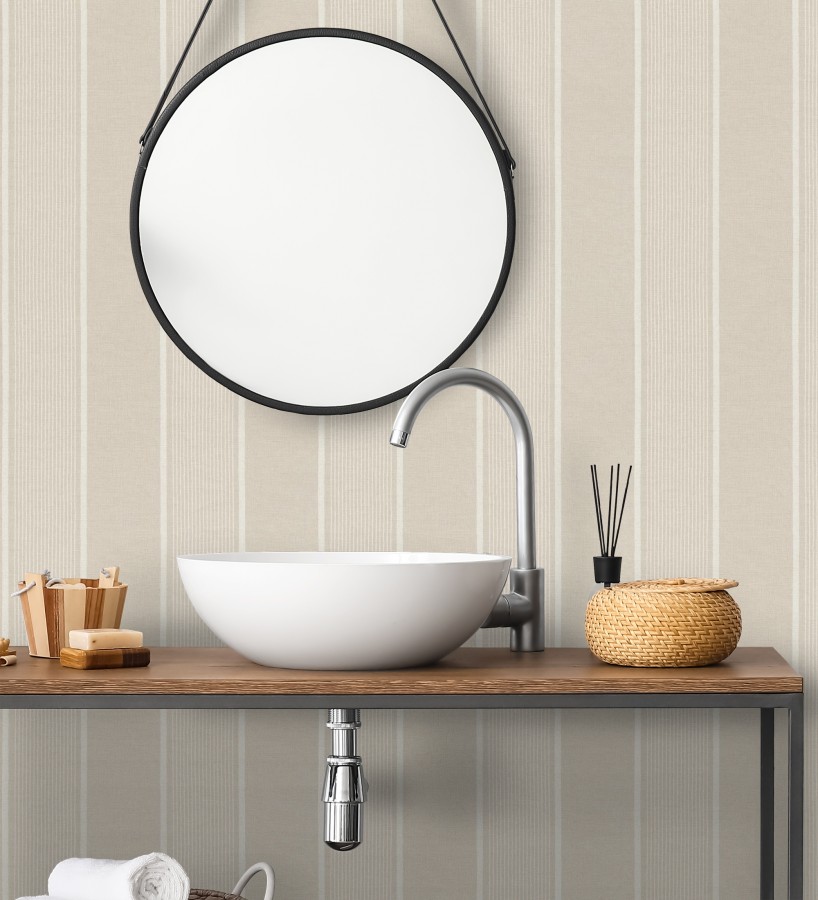 Papel pintado rayas lino beige y blanco natural estilo náutico  Lysander Trace 685104