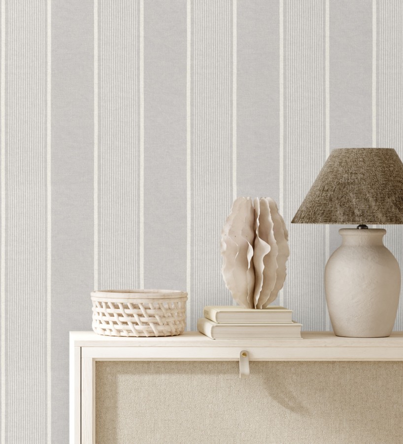 Papel pintado rayas lino gris y blanco natural estilo náutico  Lysander Trace 685105