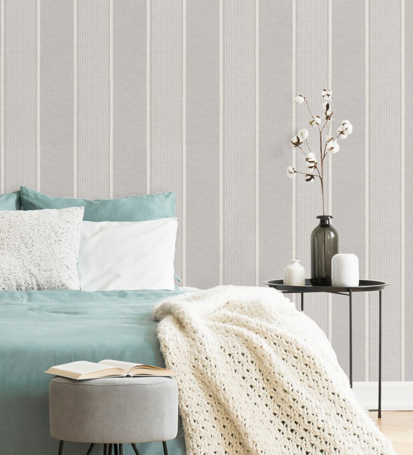 Papel pintado rayas lino gris y blanco natural estilo náutico  Lysander Trace 685105