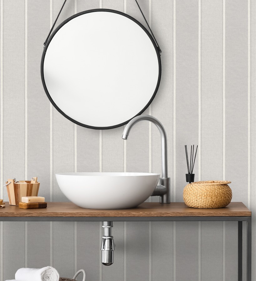 Papel pintado rayas lino gris y blanco natural estilo náutico  Lysander Trace 685105