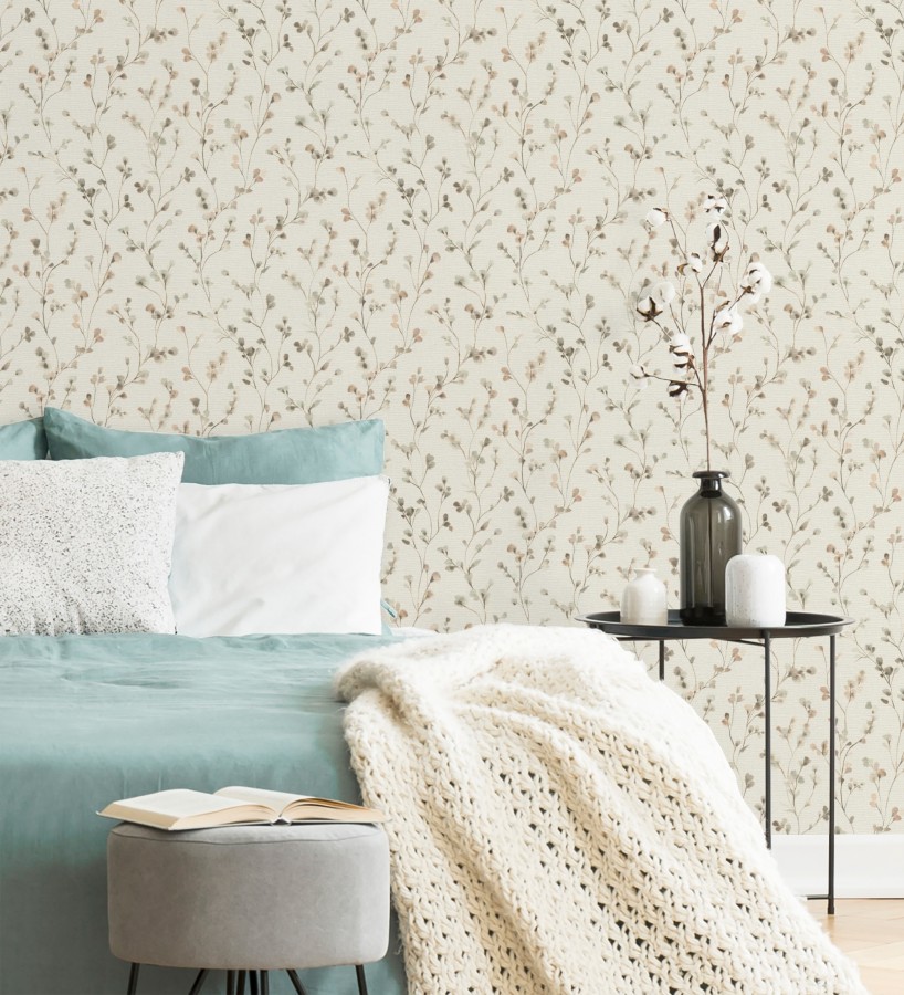 Papel pintado efecto lienzo de flores multicolores texturizado  Amaris Sprig 685106