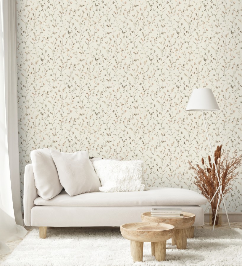 Papel pintado efecto lienzo de flores multicolores texturizado  Amaris Sprig 685106