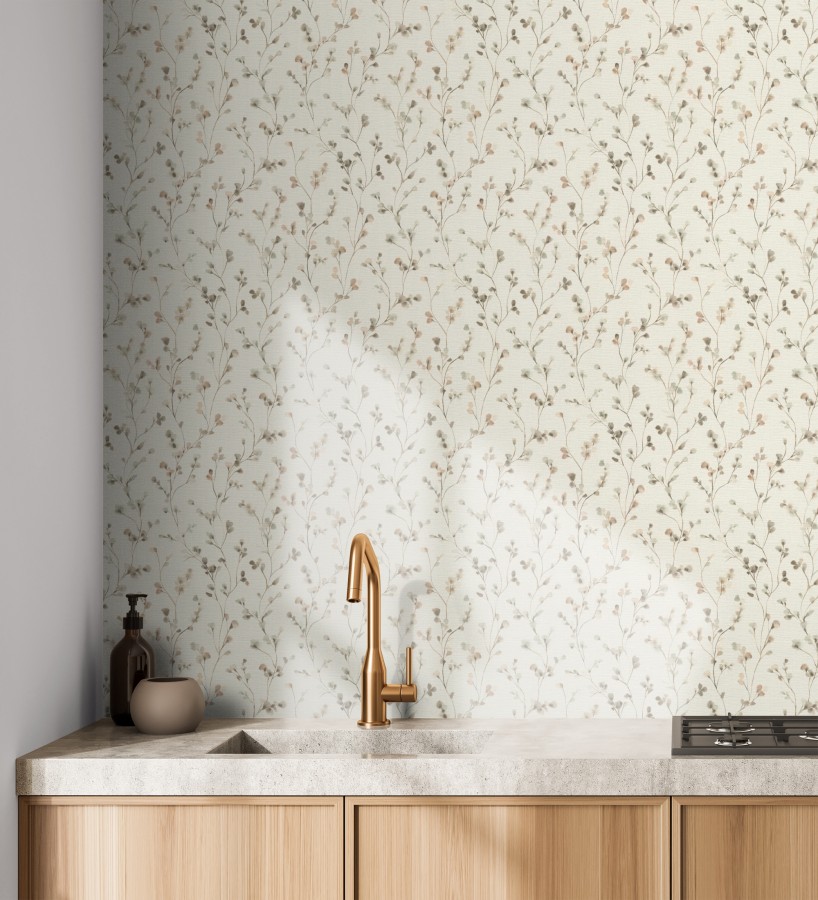 Papel pintado efecto lienzo de flores multicolores texturizado  Amaris Sprig 685106