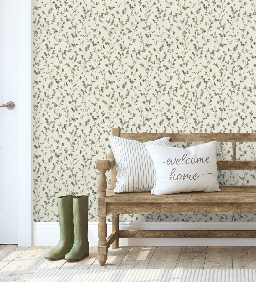 Papel pintado efecto lienzo de flores multicolores texturizado  Amaris Sprig 685107
