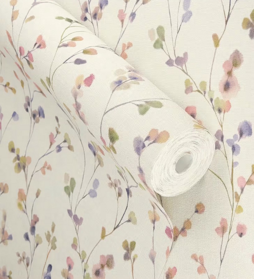 Papel pintado efecto lienzo de flores multicolores texturizado  Amaris Sprig 685108