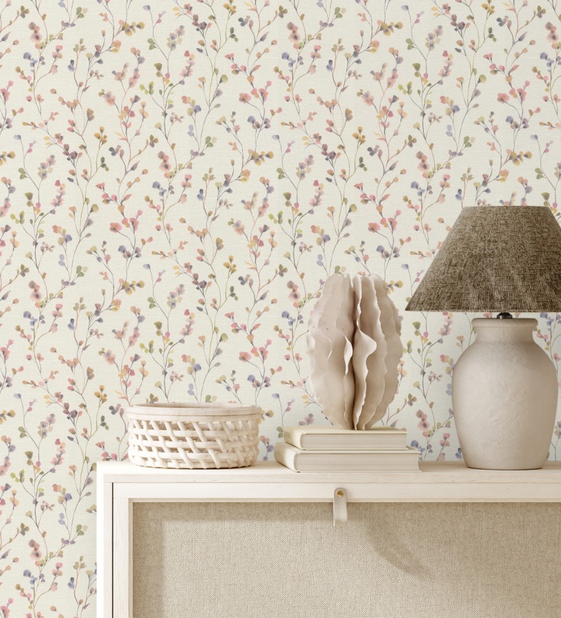 Papel pintado efecto lienzo de flores multicolores texturizado  Amaris Sprig 685108
